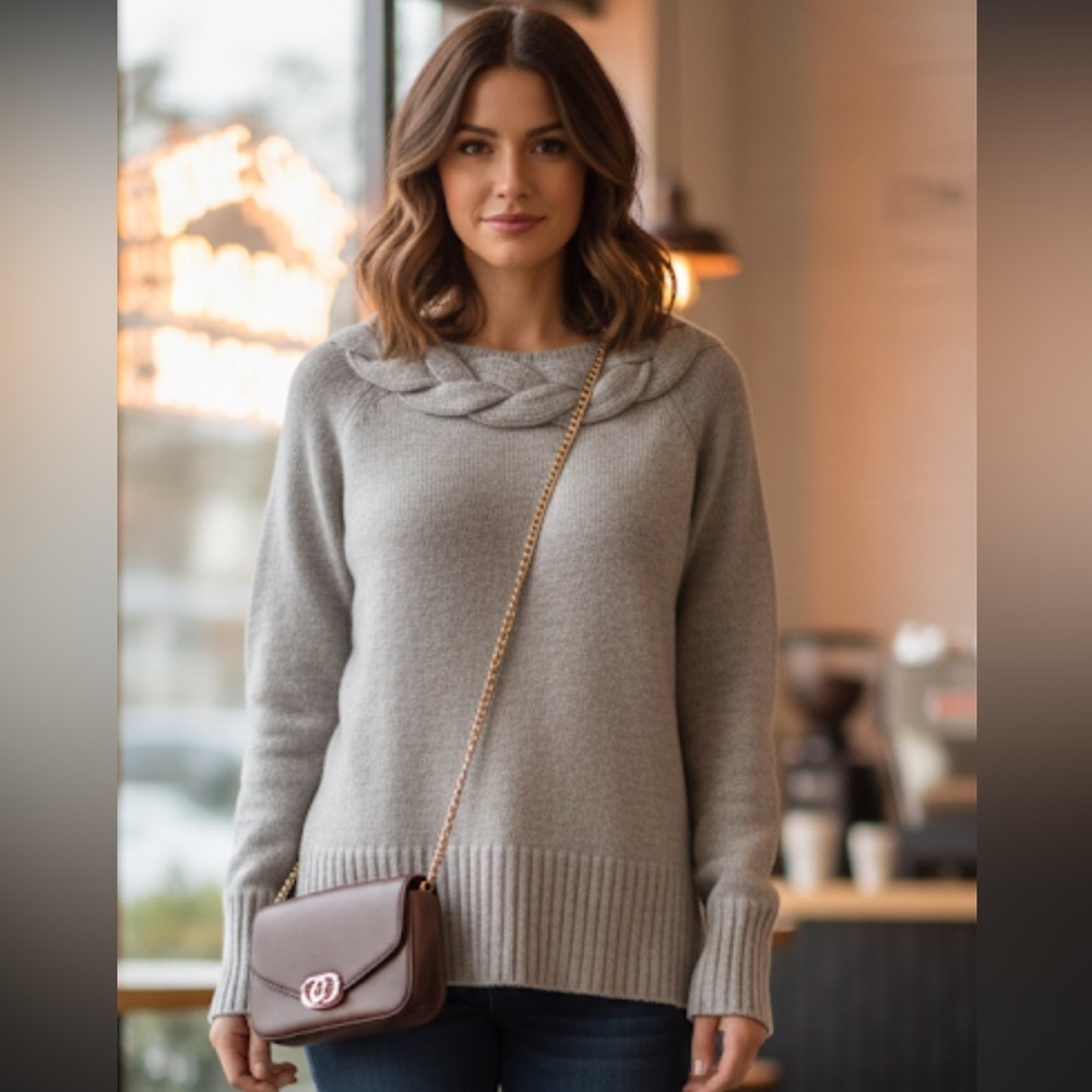 Beautiful neck detail on small gray sweater